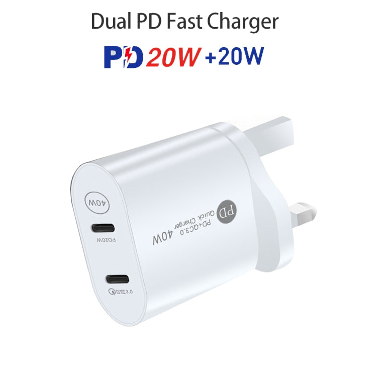 002 40W Dual Port PD / Type-C Fast Charger with USB-C to 8 Pin Data Cable, UK Plug(White)