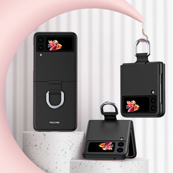 For Samsung Galaxy Z Flip3 5G Skin Feel Folding Phone Case with Drawstring Key Chain(Black)