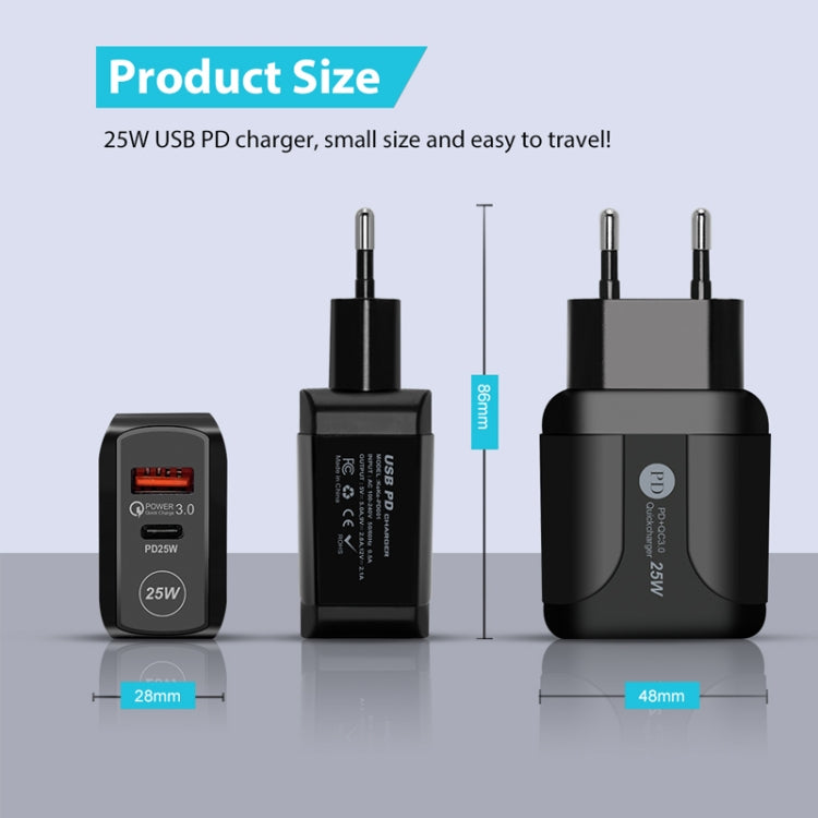 PD25W USB-C / Type-C + QC3.0 USB Dual Ports Fast Charger, EU Plug(White)