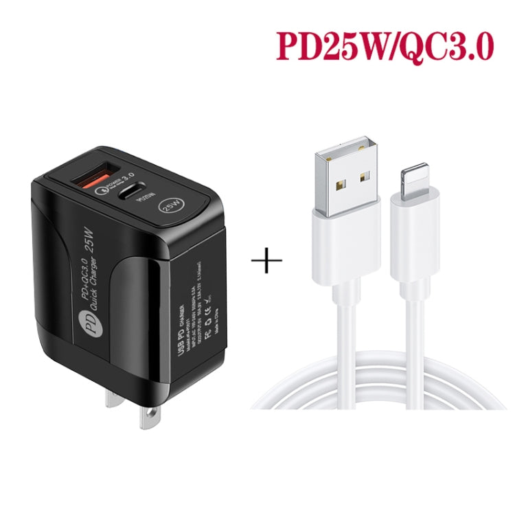 PD25W USB-C / Type-C + QC3.0 USB Dual Ports Fast Charger with USB to 8 Pin Data Cable, US Plug(White)