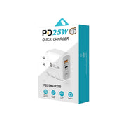 PD25W USB-C / Type-C + QC3.0 USB Dual Ports Fast Charger with USB to 8 Pin Data Cable, US Plug(White)