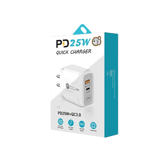 PD25W USB-C / Type-C + QC3.0 USB Dual Ports Fast Charger with USB to 8 Pin Data Cable, US Plug(White)