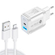 PD25W USB-C / Type-C + QC3.0 USB Dual Ports Fast Charger with USB to 8 Pin Data Cable, EU Plug(White) - free shipping - PMC TechLife - Order now!