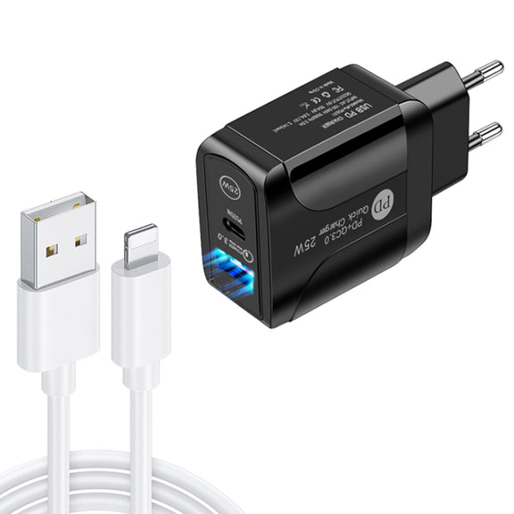 PD25W USB-C / Type-C + QC3.0 USB Dual Ports Fast Charger with USB to 8 Pin Data Cable, EU Plug(Black)
