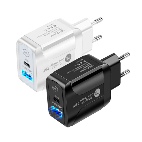 PD25W USB-C / Type-C + QC3.0 USB Dual Ports Fast Charger with USB to 8 Pin Data Cable, EU Plug(White)
