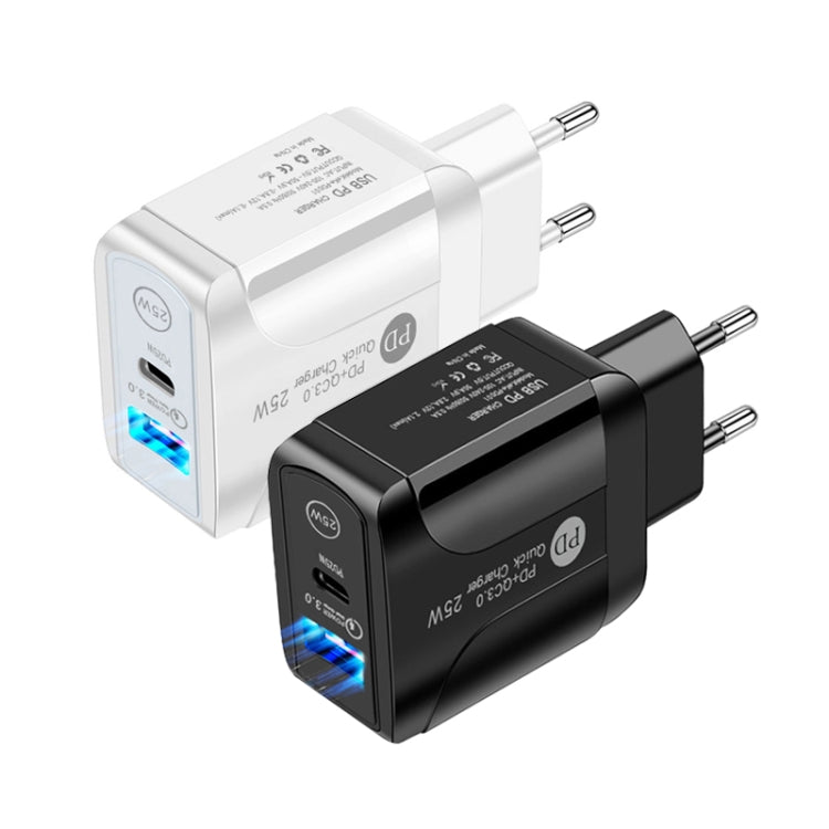 PD25W USB-C / Type-C + QC3.0 USB Dual Ports Fast Charger with USB to 8 Pin Data Cable, EU Plug(White)
