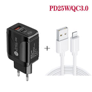 PD25W USB-C / Type-C + QC3.0 USB Dual Ports Fast Charger with USB to 8 Pin Data Cable, EU Plug(White)