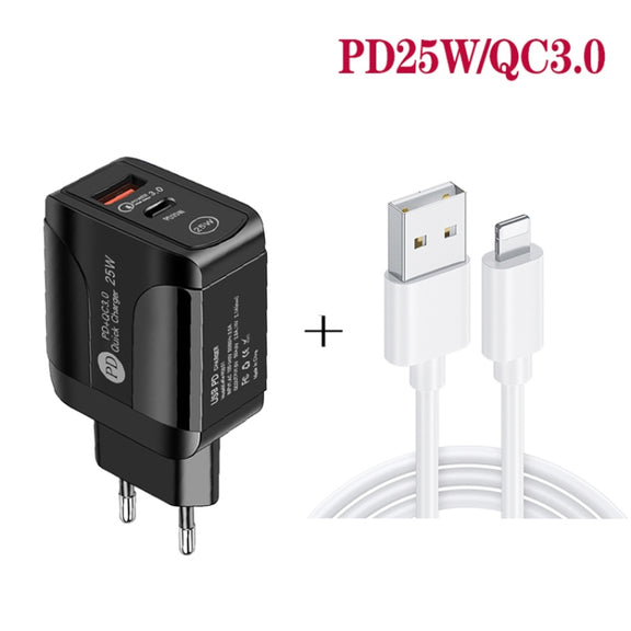 PD25W USB-C / Type-C + QC3.0 USB Dual Ports Fast Charger with USB to 8 Pin Data Cable, EU Plug(White)
