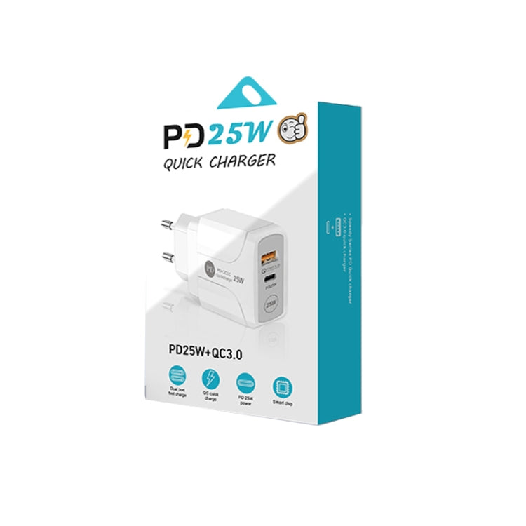 PD25W USB-C / Type-C + QC3.0 USB Dual Ports Fast Charger with USB to 8 Pin Data Cable, EU Plug(White)