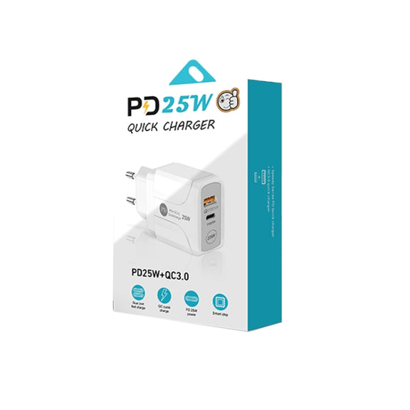 PD25W USB-C / Type-C + QC3.0 USB Dual Ports Fast Charger with USB to 8 Pin Data Cable, EU Plug(White)