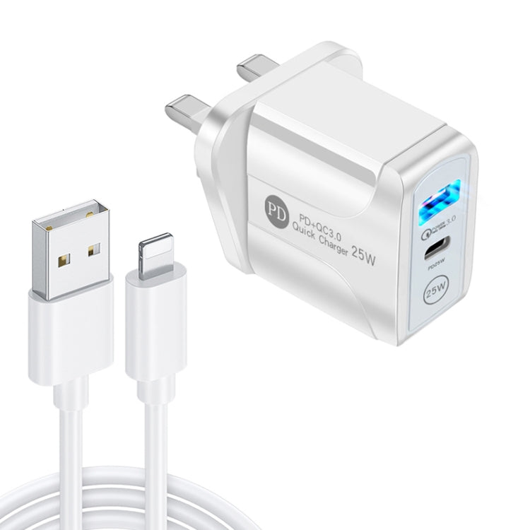 PD25W USB-C / Type-C + QC3.0 USB Dual Ports Fast Charger with USB to 8 Pin Data Cable, UK Plug(White)