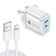 PD25W USB-C / Type-C + QC3.0 USB Dual Ports Fast Charger with USB to 8 Pin Data Cable, UK Plug(White)