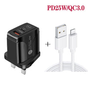 PD25W USB-C / Type-C + QC3.0 USB Dual Ports Fast Charger with USB to 8 Pin Data Cable, UK Plug(Black)
