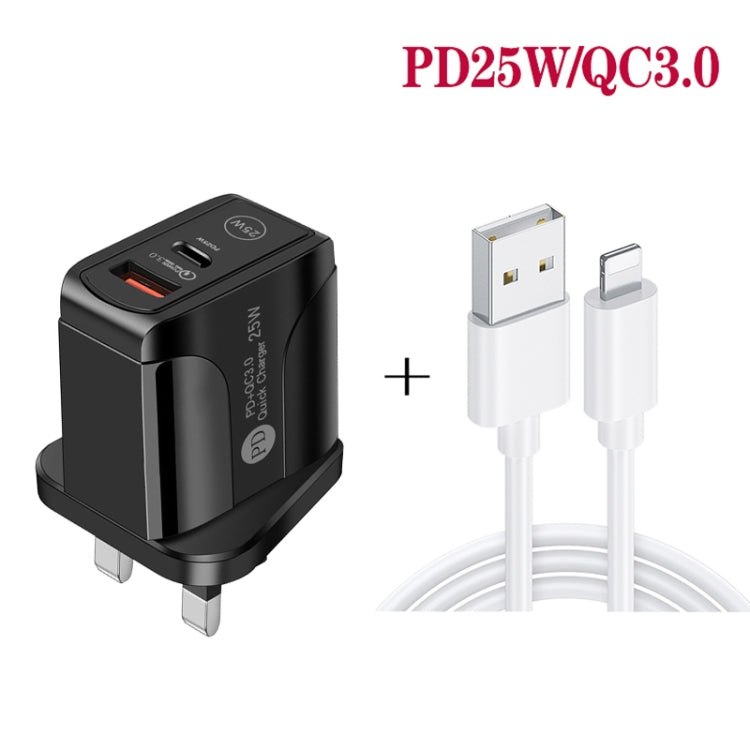PD25W USB-C / Type-C + QC3.0 USB Dual Ports Fast Charger with USB to 8 Pin Data Cable, UK Plug(Black)