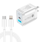 PD25W USB-C / Type-C + QC3.0 USB Dual Ports Fast Charger with USB-C to 8 Pin Data Cable, US Plug(White)