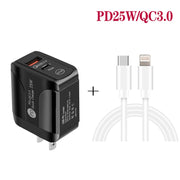PD25W USB-C / Type-C + QC3.0 USB Dual Ports Fast Charger with USB-C to 8 Pin Data Cable, US Plug(Black)
