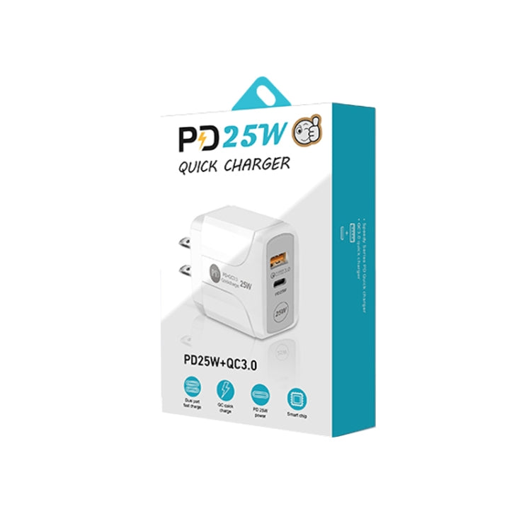 PD25W USB-C / Type-C + QC3.0 USB Dual Ports Fast Charger with USB-C to 8 Pin Data Cable, US Plug(Black)