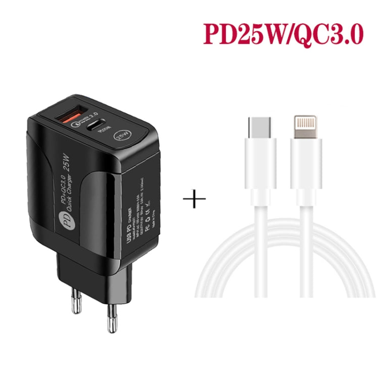 PD25W USB-C / Type-C + QC3.0 USB Dual Ports Fast Charger with USB-C to 8 Pin Data Cable, EU Plug(Black)