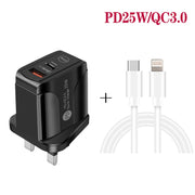 PD25W USB-C / Type-C + QC3.0 USB Dual Ports Fast Charger with USB-C to 8 Pin Data Cable, UK Plug(Black)