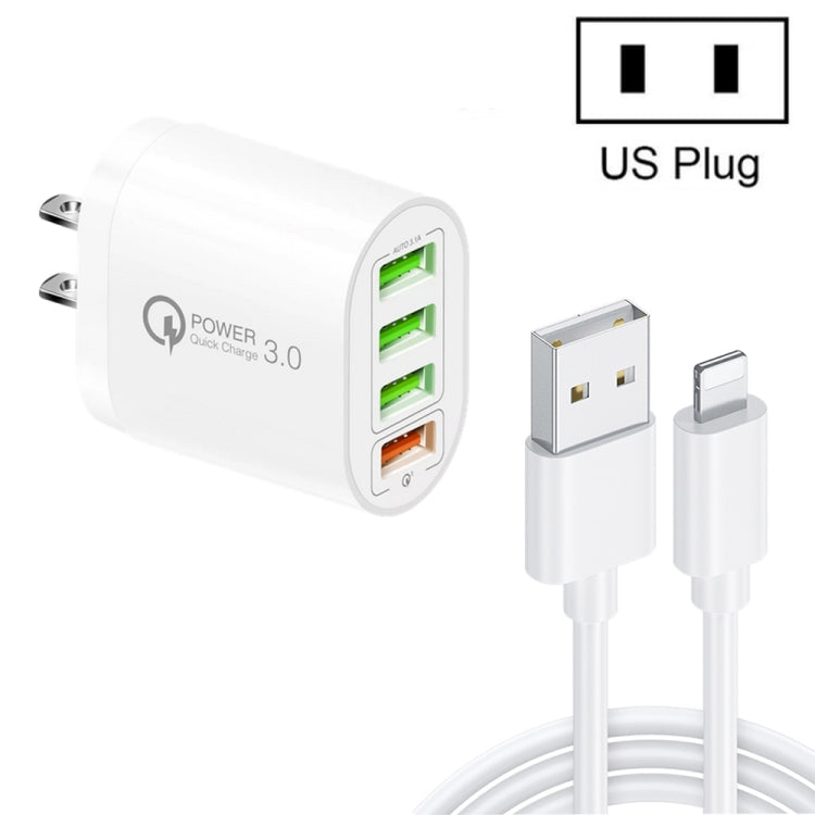 QC-04 QC3.0 + 3 x USB2.0 Multi-ports Charger with 3A USB to 8 Pin Data Cable,US Plug(White)