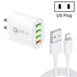 QC-04 QC3.0 + 3 x USB2.0 Multi-ports Charger with 3A USB to 8 Pin Data Cable,US Plug(White) - USB Charger by PMC TechLife | Online Shopping South Africa | PMC TechLife