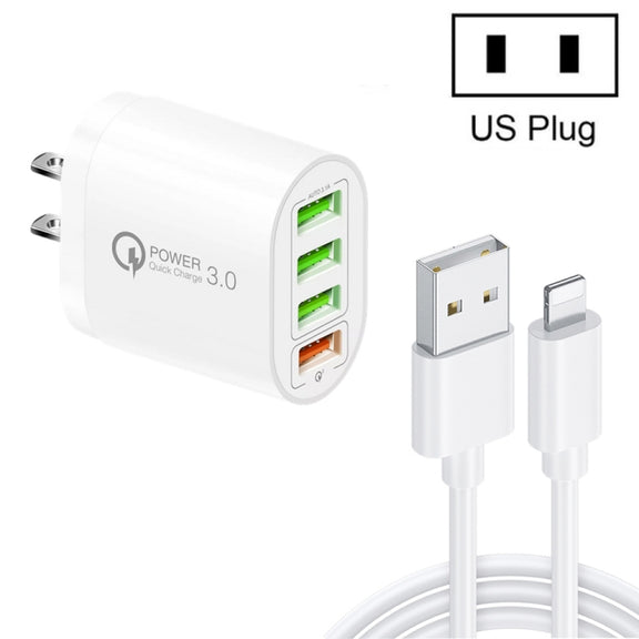 QC-04 QC3.0 + 3 x USB2.0 Multi-ports Charger with 3A USB to 8 Pin Data Cable,US Plug(White)