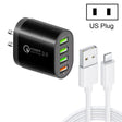 QC-04 QC3.0 + 3 x USB2.0 Multi-ports Charger with 3A USB to 8 Pin Data Cable,US Plug(Black) - USB Charger by PMC TechLife | Online Shopping South Africa | PMC TechLife
