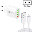 QC-04 QC3.0 + 3 x USB2.0 Multi-ports Charger with 3A USB to 8 Pin Data Cable, EU Plug(White) - USB Charger by PMC TechLife | Online Shopping South Africa | PMC TechLife