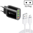 QC-04 QC3.0 + 3 x USB2.0 Multi-ports Charger with 3A USB to 8 Pin Data Cable, EU Plug(Black) - USB Charger by PMC TechLife | Online Shopping South Africa | PMC TechLife | Buy Now Pay Later Mobicred