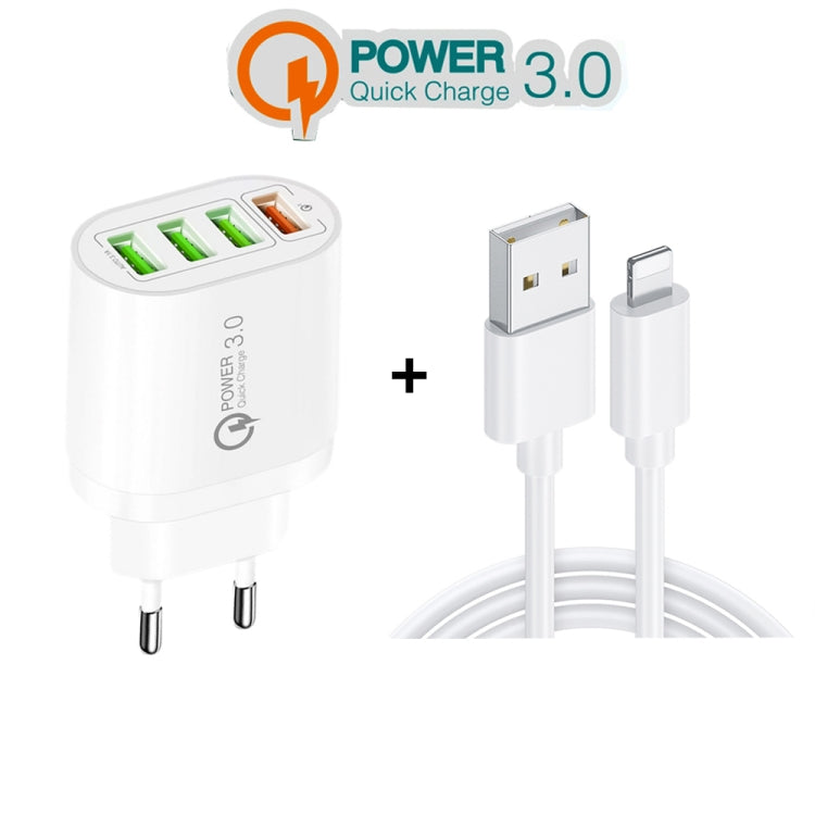 QC-04 QC3.0 + 3 x USB2.0 Multi-ports Charger with 3A USB to 8 Pin Data Cable, EU Plug(Black)
