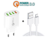 QC-04 QC3.0 + 3 x USB2.0 Multi-ports Charger with 3A USB to 8 Pin Data Cable, EU Plug(Black)