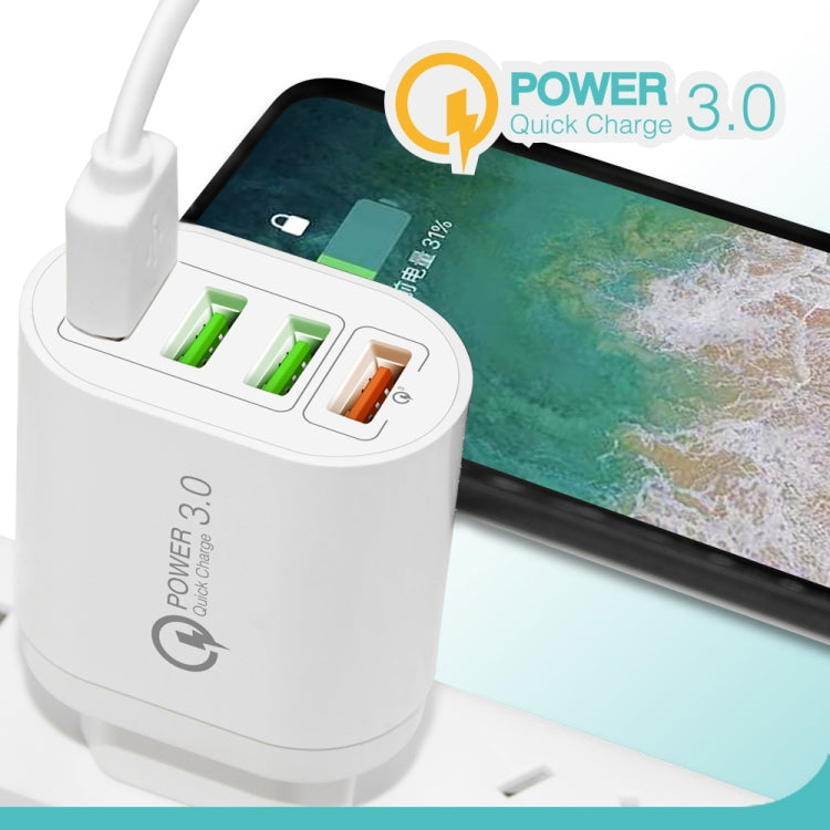 QC-04 QC3.0 + 3 x USB2.0 Multi-ports Charger with 3A USB to 8 Pin Data Cable, EU Plug(White)