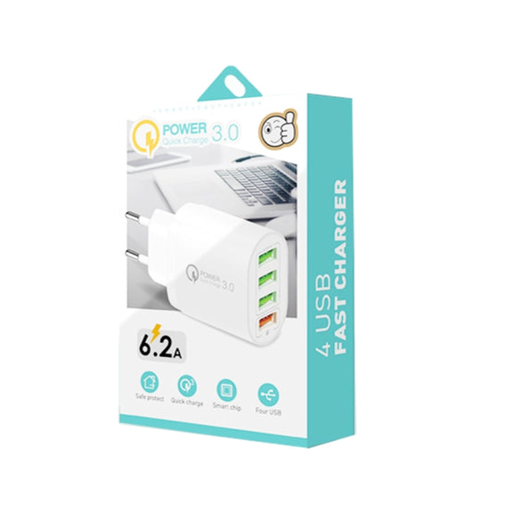QC-04 QC3.0 + 3 x USB2.0 Multi-ports Charger with 3A USB to 8 Pin Data Cable, EU Plug(Black)