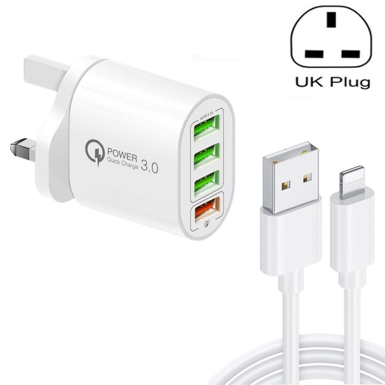 QC-04 QC3.0 + 3 x USB2.0 Multi-ports Charger with 3A USB to 8 Pin Data Cable, UK Plug(White)