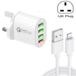 QC-04 QC3.0 + 3 x USB2.0 Multi-ports Charger with 3A USB to 8 Pin Data Cable, UK Plug(White) - USB Charger by PMC TechLife | Online Shopping South Africa | PMC TechLife | Buy Now Pay Later Mobicred