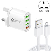 QC-04 QC3.0 + 3 x USB2.0 Multi-ports Charger with 3A USB to 8 Pin Data Cable, UK Plug(White)
