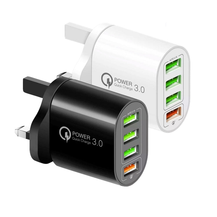 QC-04 QC3.0 + 3 x USB2.0 Multi-ports Charger with 3A USB to 8 Pin Data Cable, UK Plug(White)