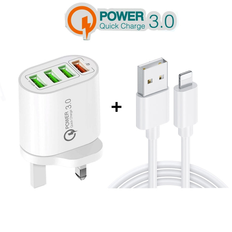 QC-04 QC3.0 + 3 x USB2.0 Multi-ports Charger with 3A USB to 8 Pin Data Cable, UK Plug(White)