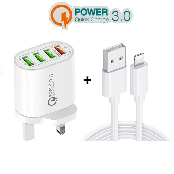 QC-04 QC3.0 + 3 x USB2.0 Multi-ports Charger with 3A USB to 8 Pin Data Cable, UK Plug(White)