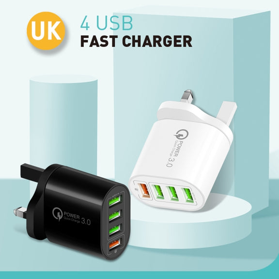 QC-04 QC3.0 + 3 x USB2.0 Multi-ports Charger with 3A USB to 8 Pin Data Cable, UK Plug(White)