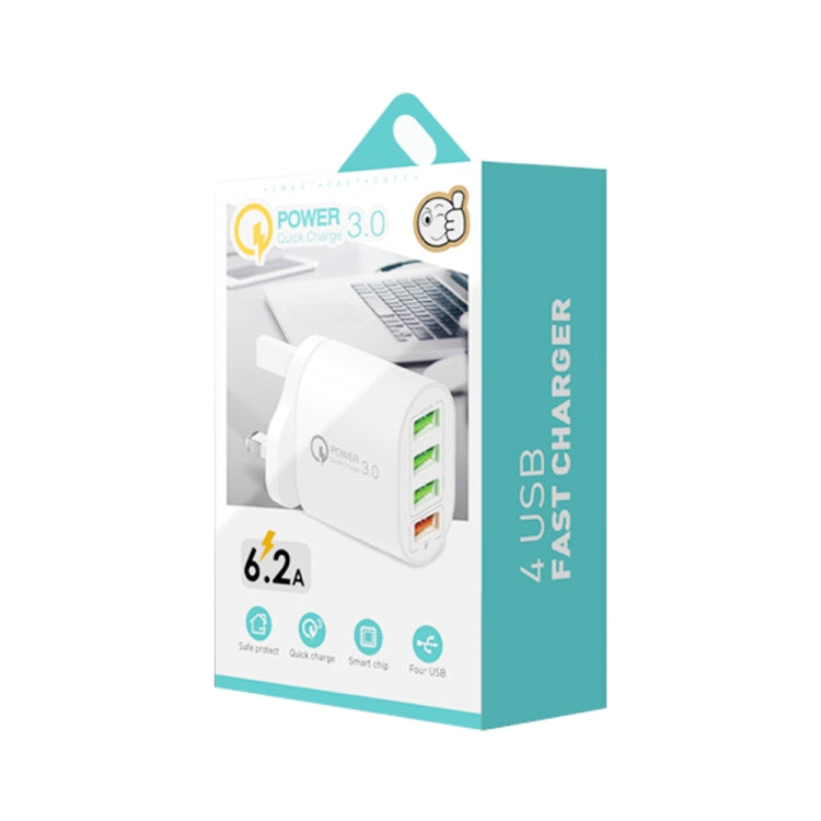 QC-04 QC3.0 + 3 x USB2.0 Multi-ports Charger with 3A USB to 8 Pin Data Cable, UK Plug(White)