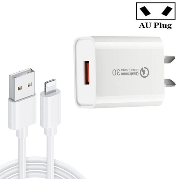 CA-25 QC3.0 USB 3A Fast Charger with USB to 8 Pin Data Cable, AU Plug(White)