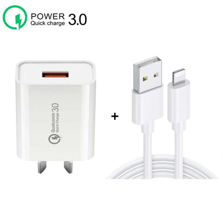 CA-25 QC3.0 USB 3A Fast Charger with USB to 8 Pin Data Cable, AU Plug(Black)