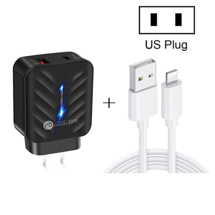 PD03 20W PD3.0 + QC3.0 USB Charger with USB to 8 Pin Data Cable, US Plug(White)