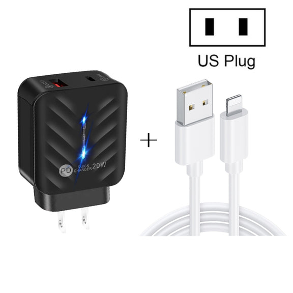 PD03 20W PD3.0 + QC3.0 USB Charger with USB to 8 Pin Data Cable, US Plug(White)