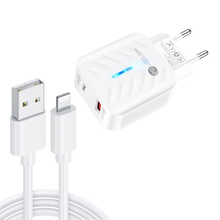 PD03 20W PD3.0 + QC3.0 USB Charger with USB to 8 Pin Data Cable, EU Plug(White)