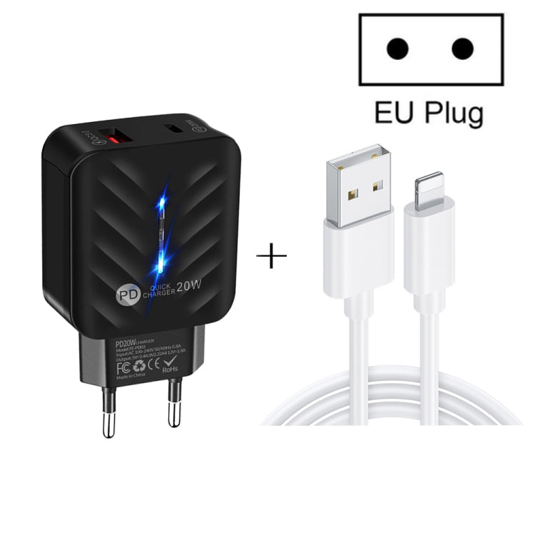 PD03 20W PD3.0 + QC3.0 USB Charger with USB to 8 Pin Data Cable, EU Plug(Black)