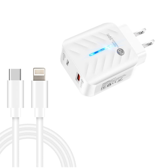 PD03 20W PD3.0 + QC3.0 USB Charger with Type-C to 8 Pin Data Cable, US Plug(White)