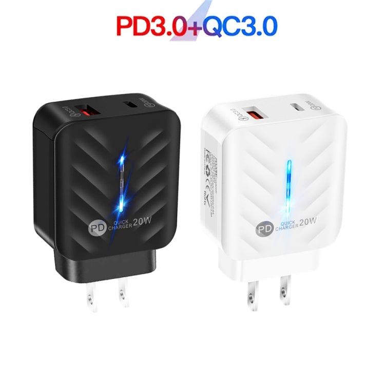 PD03 20W PD3.0 + QC3.0 USB Charger with Type-C to 8 Pin Data Cable, US Plug(Black)