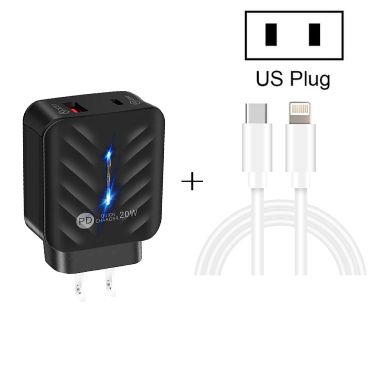 PD03 20W PD3.0 + QC3.0 USB Charger with Type-C to 8 Pin Data Cable, US Plug(Black)